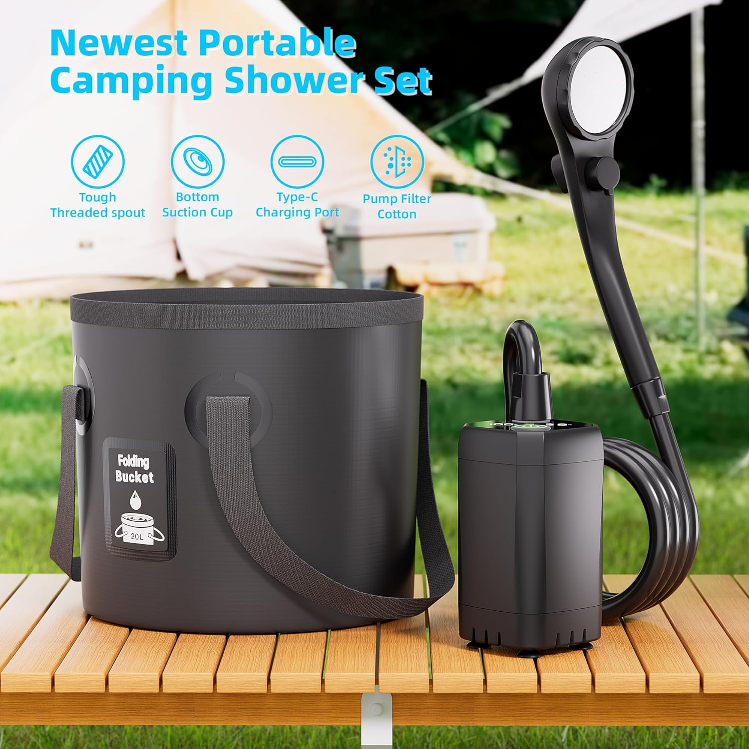 Portable Camping Shower, 6000mAh Rechargeable Shower Pump, Filtered Shower Head & 5 Gallons Foldable Bucket, Outdoor Shower for Hiking, Beach, Travel, Pet Bath, Car Washing, Surf & Boat Cleaning Portable Camping Shower, 6000mAh Rechargeable Shower Pump, Filtered Shower Head & 5 Gallons Foldable Bucket, Outdoor Shower for Hiking, Beach, Travel, Pet Bath, Car Washing, Surf & Boat Cleaning